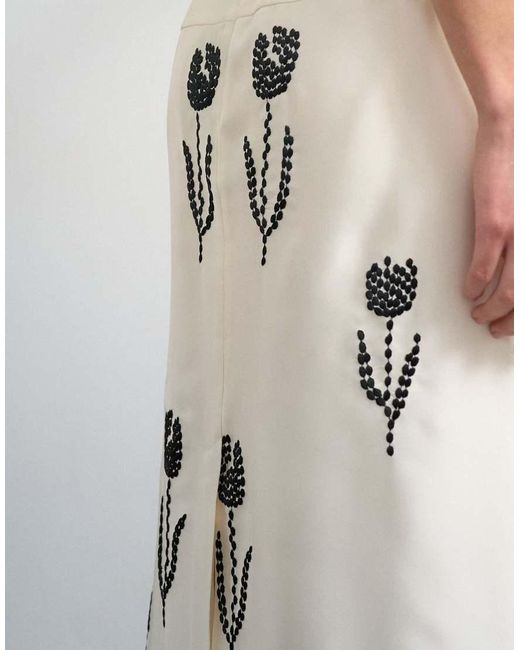 TOPSHOP White Placement Embroidery Satin Midi Skirt