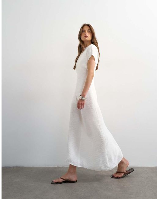 TOPSHOP White Drop Shoulder Blouson Waist Crinkle Maxi Dress