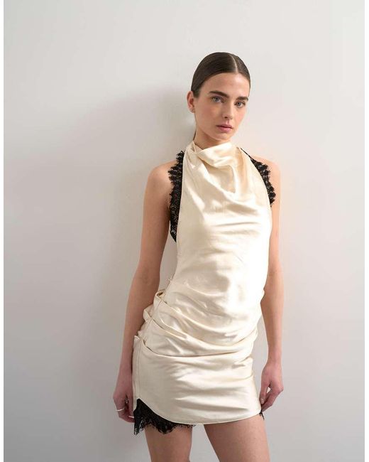 TOPSHOP White Satin Halter Cowl Neck Mini Dress With Contrast Lace Trim