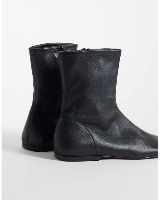 TOPSHOP Black Kameron Real Leather Flat Ankle Boot