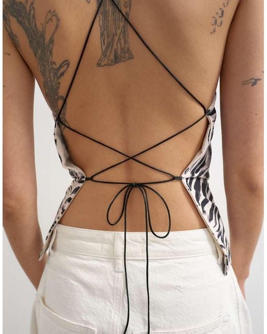 TOPSHOP White Zebra Cami Lace Up Back Top