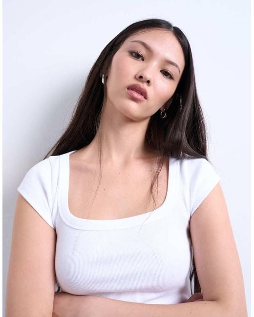TOPSHOP White Square Neck Rib Cap Sleeve Tee