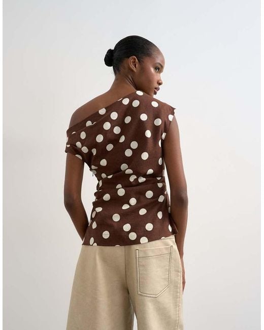 TOPSHOP Natural Linen Cinched Waist Asymmetric Twist Shoulder Top