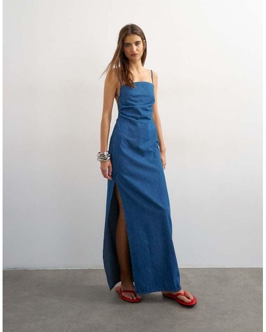 TOPSHOP Blue Ruched Backless Maxi Dress