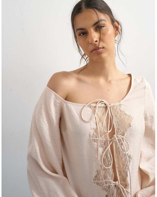 TOPSHOP Green Off Shoulder Tie Detail Lace Trim Blouse