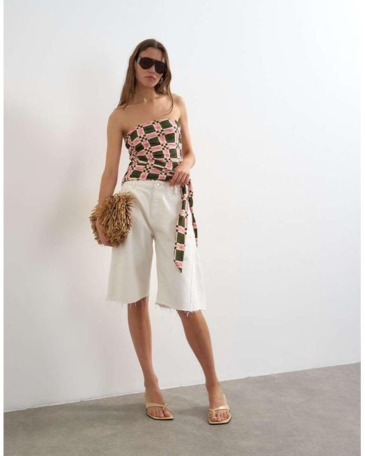 TOPSHOP Natural Check Print Tie Detail Bandeau Top