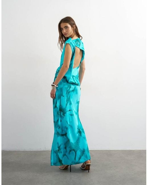 TOPSHOP Blue Satin Grown On Neck Tuck Side Maxi Dress With Open Back