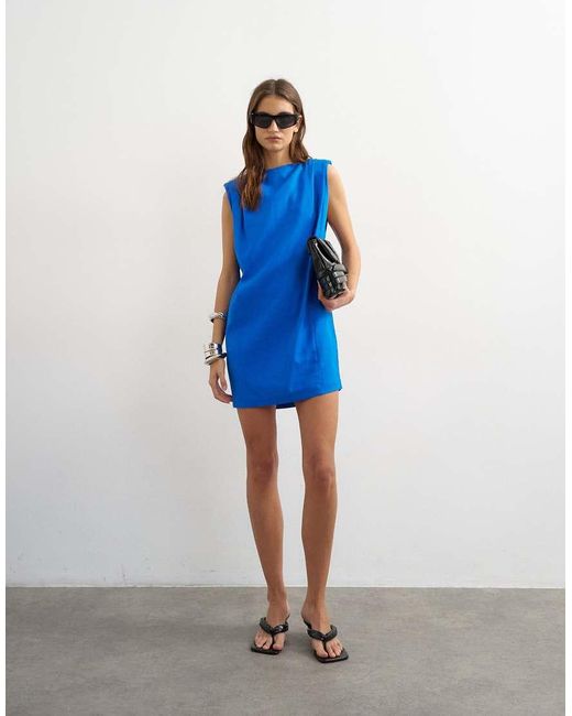 TOPSHOP Blue Linen Rich Exaggerated Shoulder Mini Dress