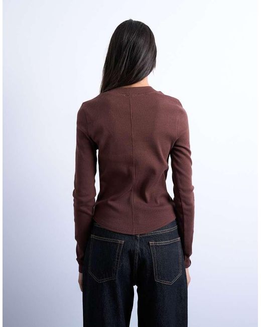 TOPSHOP Purple Rib Long Sleeve Curved Hem Top