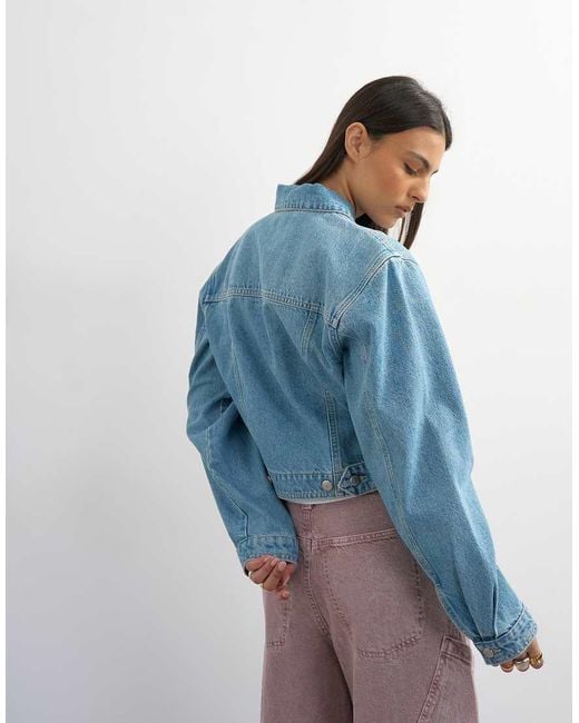 TOPSHOP Blue Denim Cropped Padded Shoulder Jacket