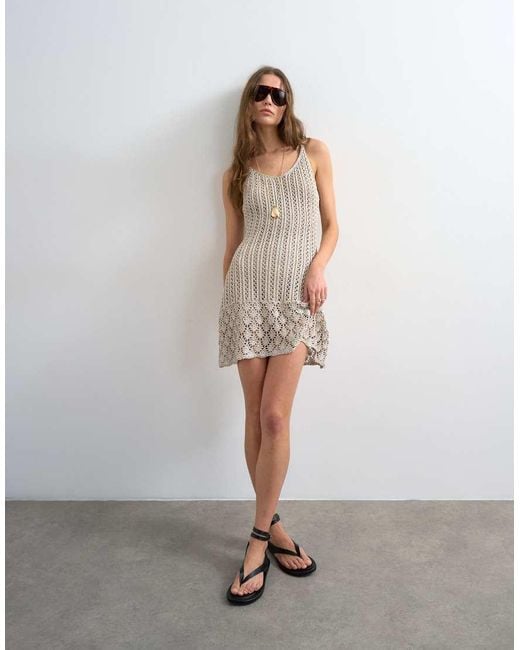 TOPSHOP White Knitted Metallic Crochet Mini Dress