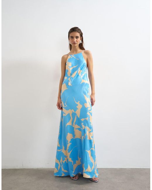 TOPSHOP Blue Satin Bias Halter Neck Open Scoop Back Maxi Dress