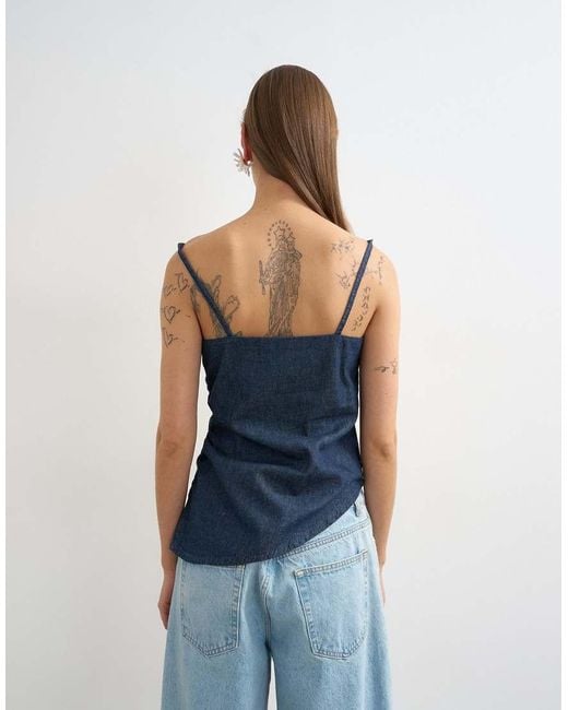 TOPSHOP Blue Denim Draped Neck Ruched Top