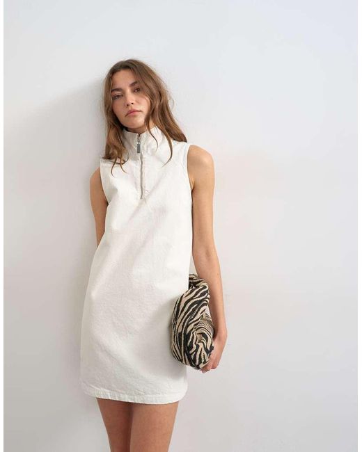 TOPSHOP White Denim Funnel Neck Pinny Dress
