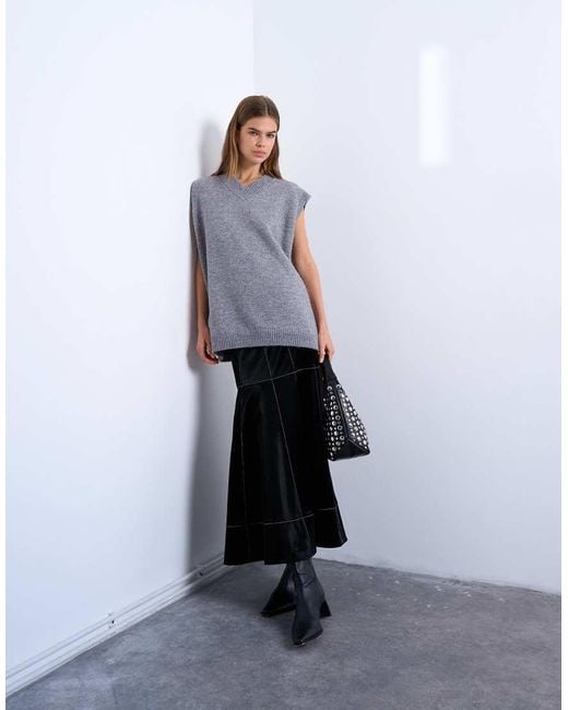 TOPSHOP White Dropwaist Contrast Stitched Pu Maxi Skirt