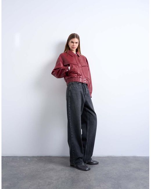 TOPSHOP Red Faux Leather Bubble Boxy Zip Through Pocket Bomber Jacket