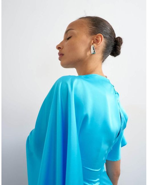 TOPSHOP Blue Satin Cape Sleeve Draped Mini Dress