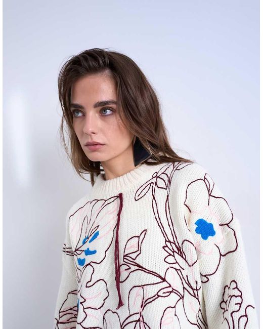 TOPSHOP Blue Knit Premium Oversized Embroidered Sweater