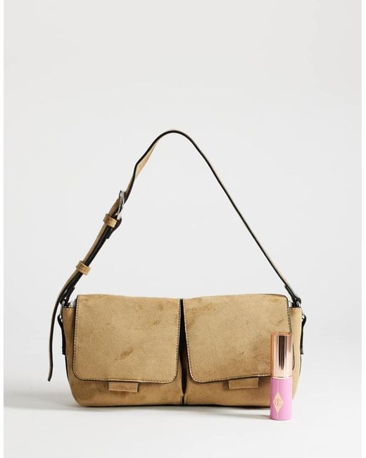 TOPSHOP Natural Joanie Small Suedette Shoulder Bag With Front Pockets