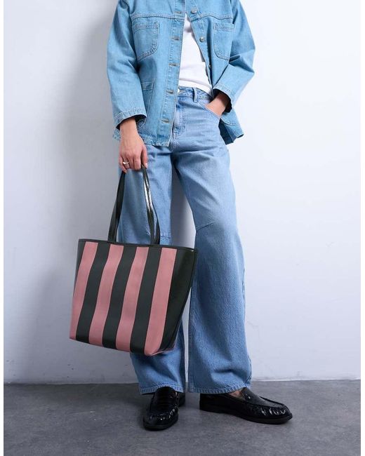 TOPSHOP Blue Stevie Large Striped Faux Leather Tote Bag