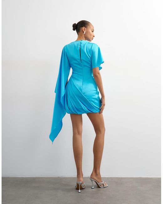 TOPSHOP Blue Satin Cape Sleeve Draped Mini Dress