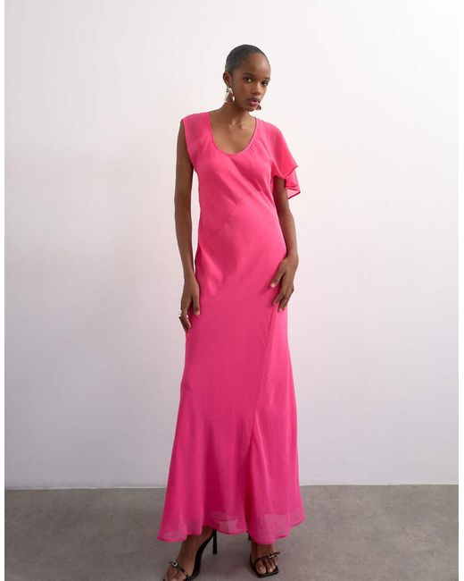 TOPSHOP Pink Asymmetric Flutter Sleeve Maxi Dress With Seaming