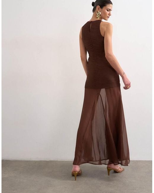 TOPSHOP Brown Satin High Neck Pleated Dropped Waist Maxi Dress