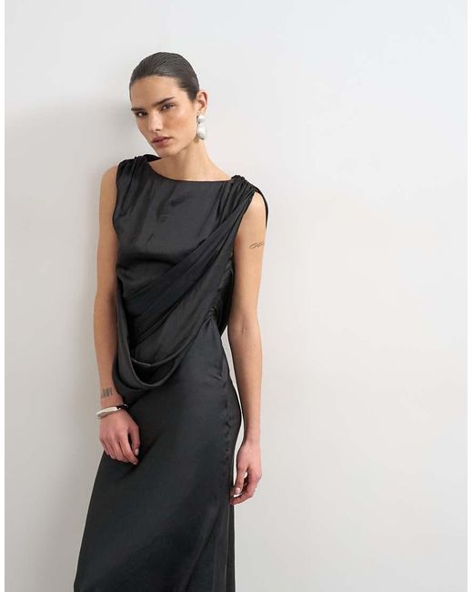 TOPSHOP Blue Satin Slash Neck Draped Cowl Front Maxi