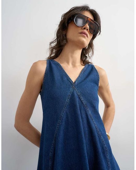 TOPSHOP Blue Denim V Neck Seamed Full Maxi Dress