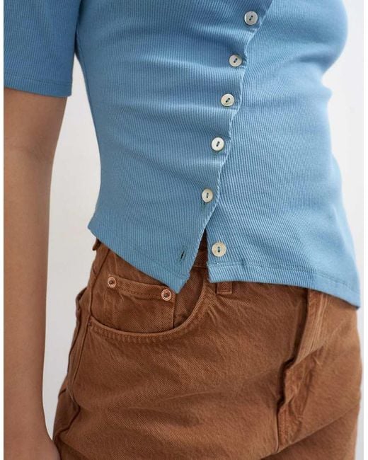 TOPSHOP Blue High Neck Ruffle Button Through Half Sleeve Top
