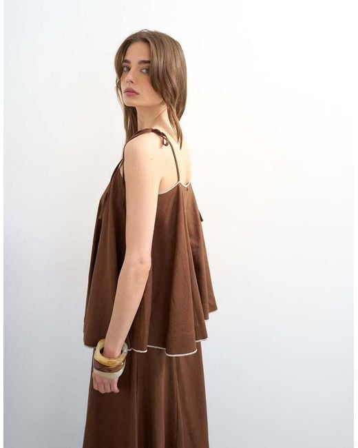 TOPSHOP Brown Co-Ord Linen Rich Cami Top With Ecru Contrast Piping