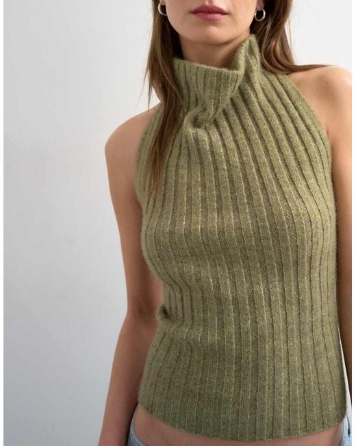 TOPSHOP Green Knit Drape Neck Low Back Top