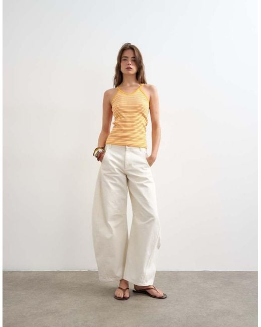 TOPSHOP Natural Stripe Rib Spaghetti Strap Curve Hem Vest