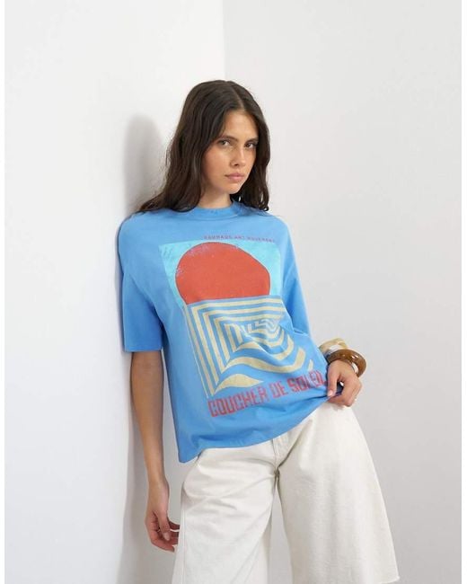TOPSHOP Blue 'Coucher De Soleil' Graphic Oversized Tee
