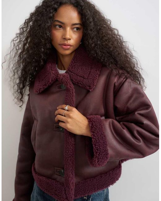 TOPSHOP Red Cropped Shearling Jacket