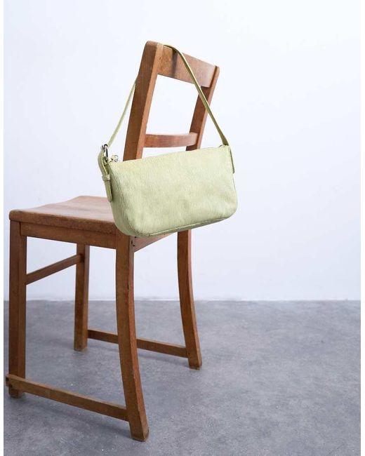 TOPSHOP Green Stina Small Hair On Real Leather Shoulder Bag