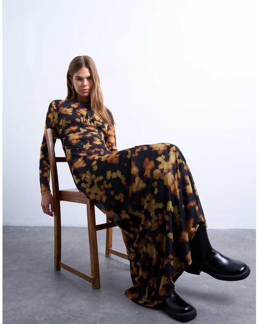 TOPSHOP Black Blurred Floral Print Long Sleeve Maxi Dress
