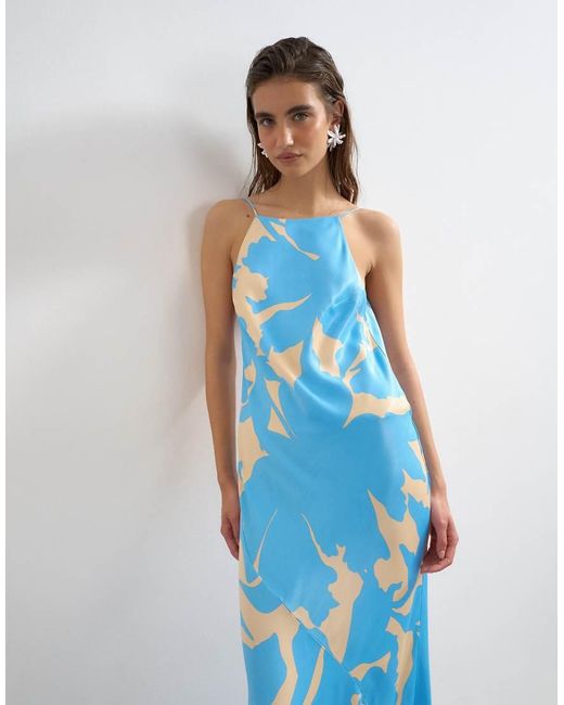 TOPSHOP Blue Satin Bias Halter Neck Open Scoop Back Maxi Dress