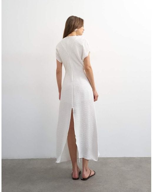 TOPSHOP White Drop Shoulder Blouson Waist Crinkle Maxi Dress