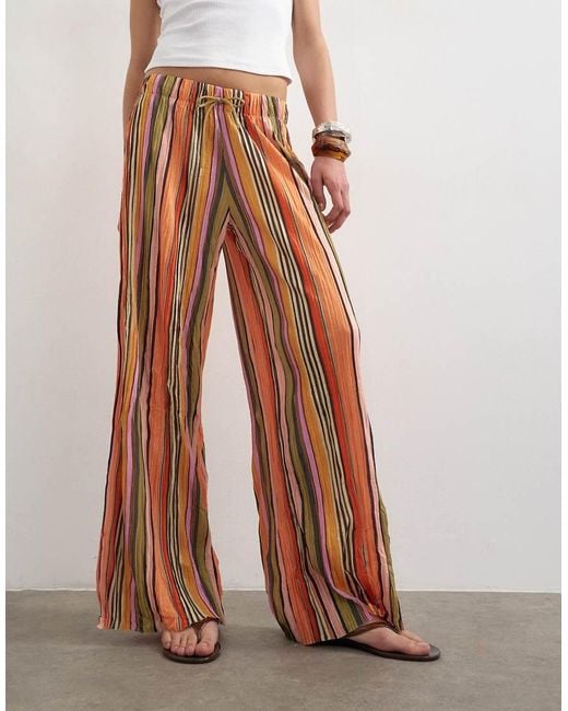 TOPSHOP Brown Stripe Crinkle Tie Waist Wide Leg Trousers