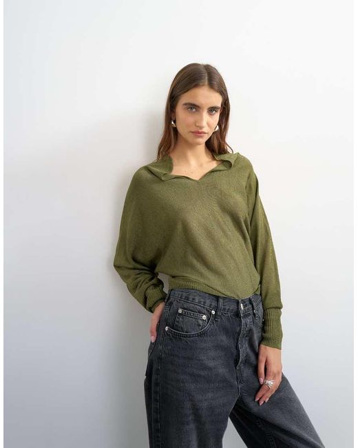TOPSHOP Green Knitted V Slouchy Fine Knit Sheer Jumper