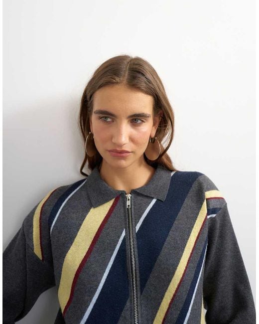 TOPSHOP Blue Knitted Asymmetric Stripe Jacket
