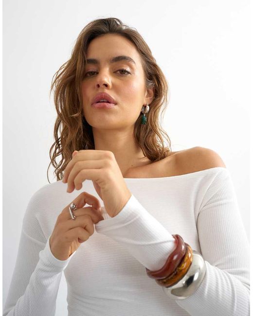 TOPSHOP White Rib Asymmetric Off The Shoulder Long Sleeve Top