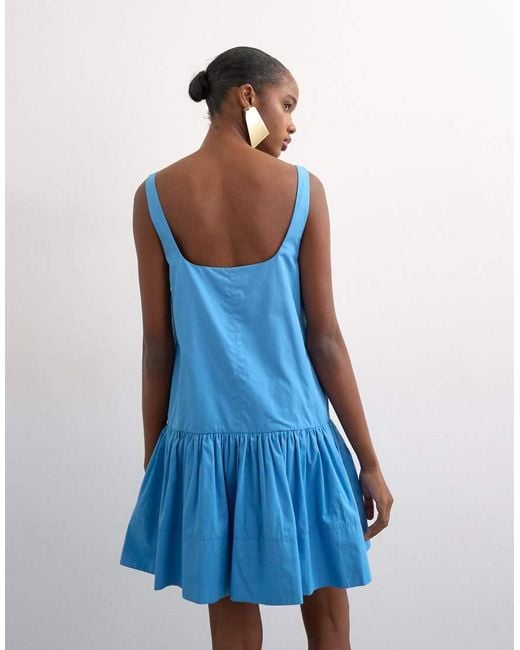 TOPSHOP Blue Poplin Dropped Waist Square Neck Mini Chuck On Sundress