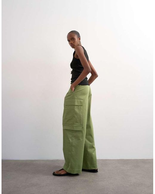 TOPSHOP Green Clean A Line Wide Leg Cargo With Tie Waist