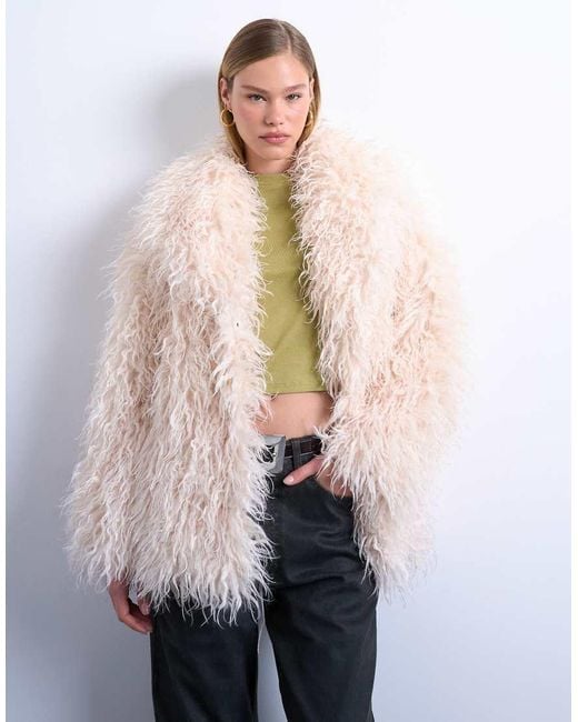 TOPSHOP White Mongolian Faux Fur Funnel Neck Mid Length Coat