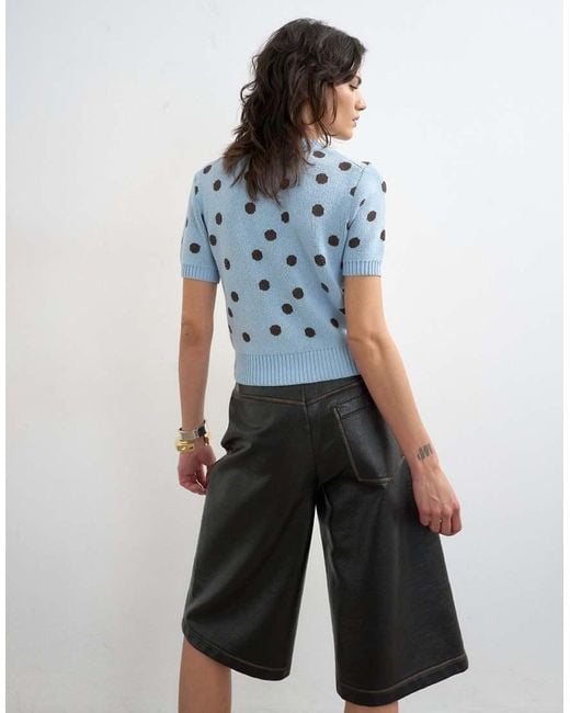 TOPSHOP Blue Knitted Short Sleeve Polka Dot Cardigan