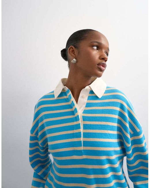 TOPSHOP Blue Terrycloth Stripe Long Sleeve Polo