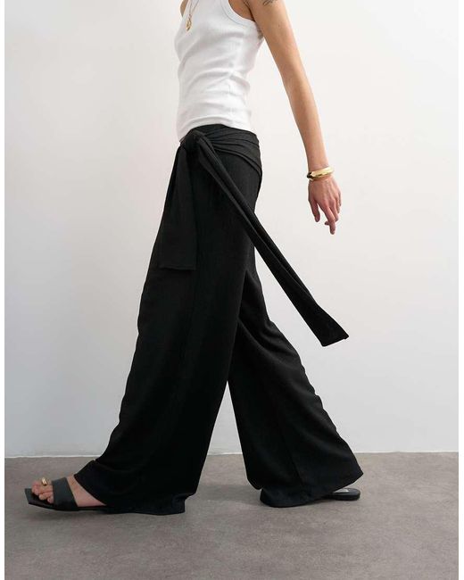 TOPSHOP White Plisse Wrap Scarf Detail Trousers