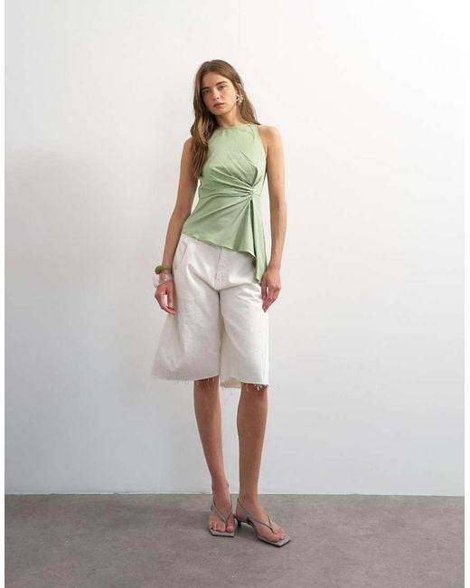 TOPSHOP Green Tuck Side Asym Hem Top